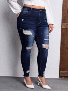 SHEIN Privé 大碼珍珠串珠破洞毛邊緊身牛仔褲 - 深色水洗藍 - 查看 4