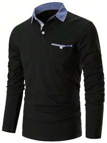 Men Contrast Collar Polo Shirt - Black - View 1
