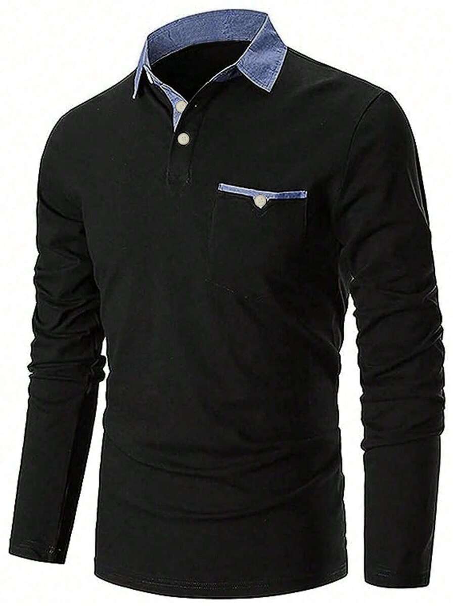 Men Contrast Collar Polo Shirt - Black - View 1