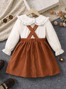 SHEIN 女小童花卉刺繡誇大領口喇叭袖襯衫和褶邊洋裝 - 棕色 - 查看 2