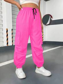 Flirla Plus Flap Pocket Side Drawstring Waist Cargo Pants Fall Cloth For Women - Hot Pink - View 3