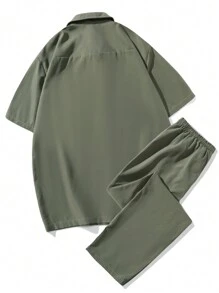 Manfinity Hypemode Oversized Men's Flap Pocket Shirt & Drawstring Waist Pants (Without Tee) - Army Green - View 2
