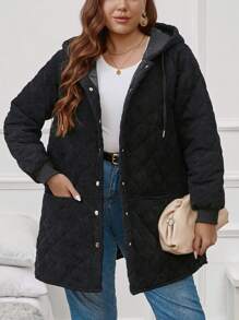 SHEIN LUNE Plus Dual Pocket Drawstring Hooded Quilted Coat In Fall/Winter - Black - View 4