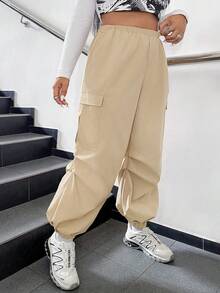 SHEIN EZwear Plus Letter Patched Detail Flap Pocket Side Cargo Pants - Khaki - View 4