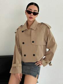 DAZY Women's Casual Short Trench Coat, Spring/Autumn Jacket - Khaki - View 4