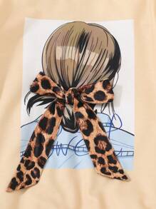 SHEIN 少女可爱混纺两件套，带拼接人物蝴蝶结和牛仔效果豹纹 - 彩色 - 查看 3