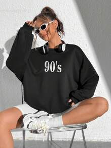 SHEIN EZwear Letter Graphic Drop Shoulder Sweatshirt - Black - View 3