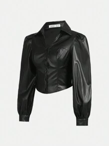 Thiếu niên cô gái Tay áo lồng đèn chất liệu da PU Áo sơ mi - màu đen - Xem 3