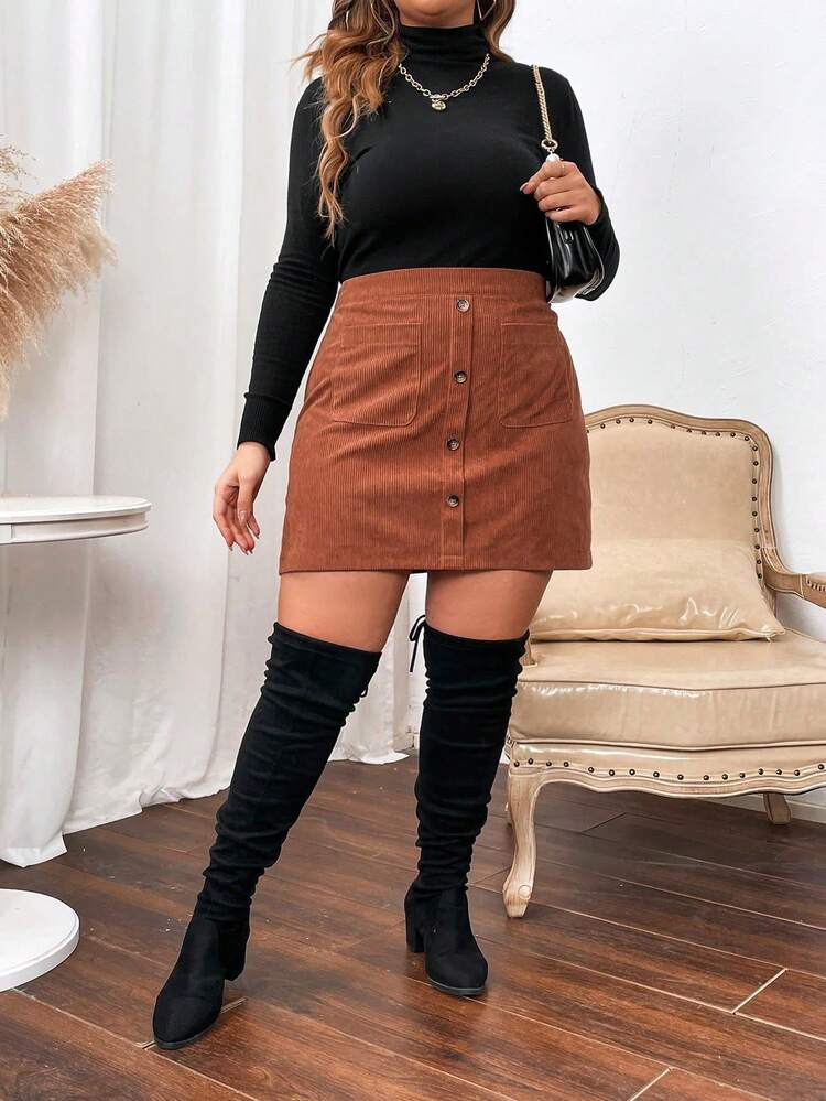 Plus Button Front Dual Pocket Corduroy Skirt