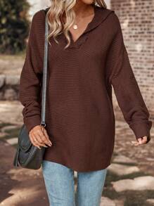 SHEIN LUNE 素色落肩袖套頭毛衣 - 咖啡棕 - 查看 5