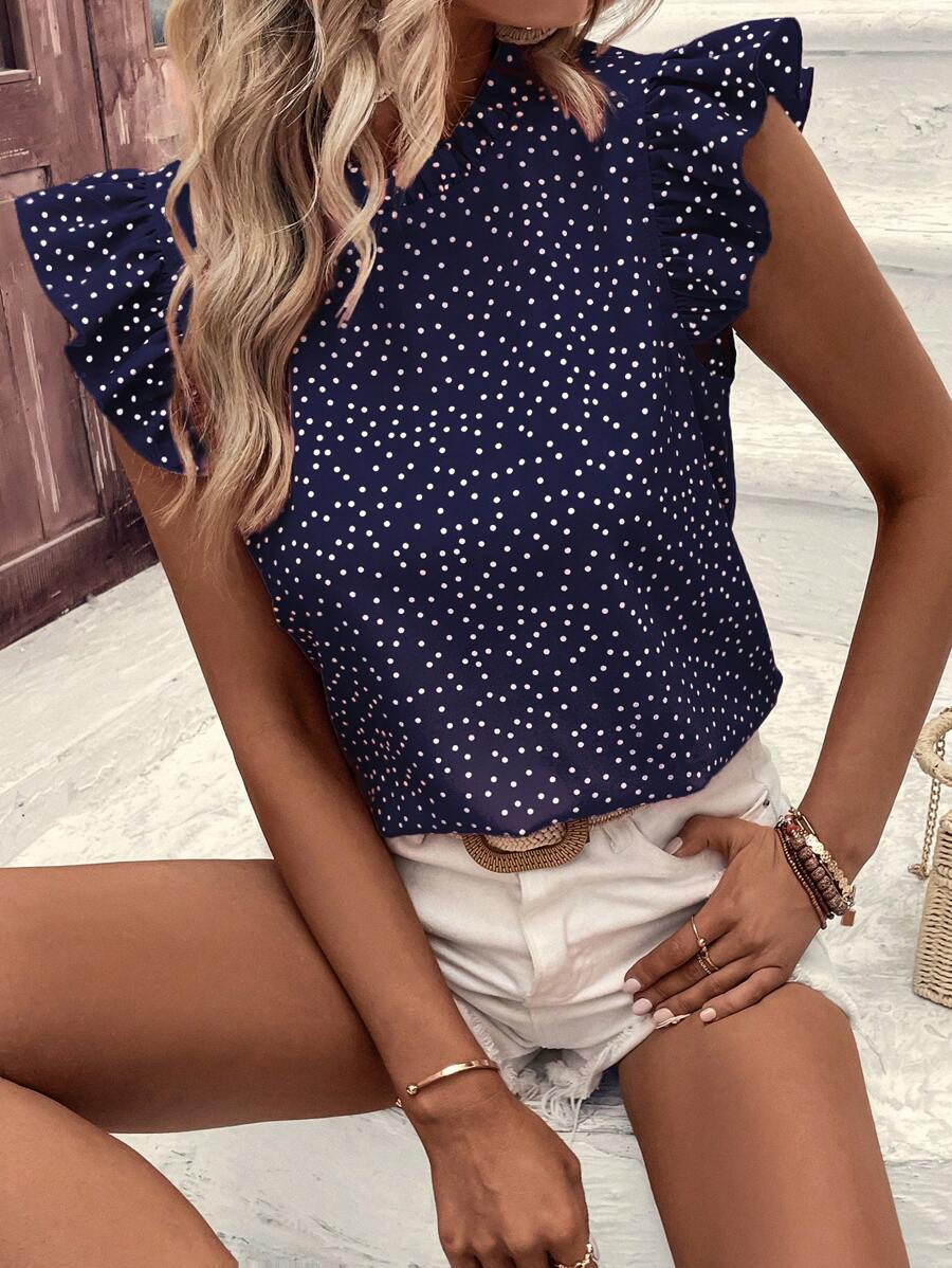 SHEIN VCAY Polka Dot Print Ruffle Trim Mock Neck Butterfly Sleeve Blouse - Navy Blue - View 1