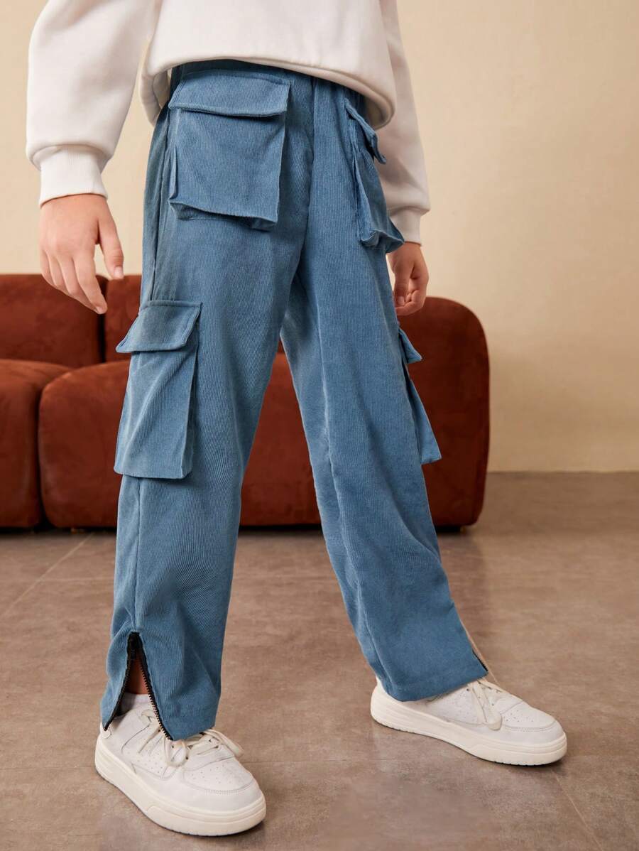 SHEIN Tween Boy Flap Pocket Zip Hem Cargo Pants - Baby Blue - View 1