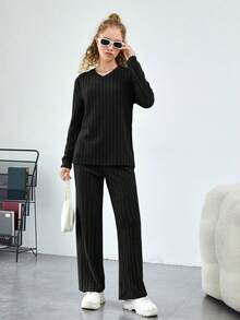 SHEIN Teen Girl Solid Tee & Pants - Black - View 5