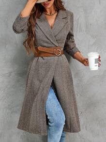 SHEIN Clasi Herringbone Print Lapel Neck Overcoat Without Belt - Multicolor - View 1