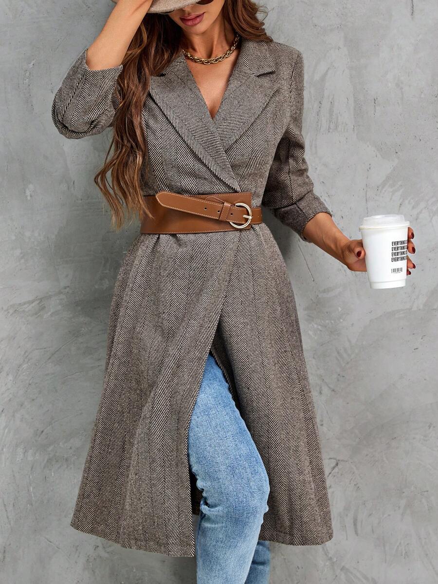 SHEIN Clasi Herringbone Print Lapel Neck Overcoat Without Belt - Multicolor - View 1