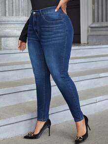 SHEIN LUNE Plus Washed Skinny Jeans - Dark Wash - View 5