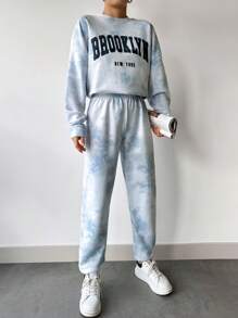 EURMUSE Tie Dye Letter Graphic Drop Shoulder Sweatshirt & Sweatpants - Multicolor - View 3