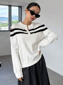 DAZY Striped Pattern Sailor Collar Button Front Sweater,Fall Clothes - White - View 6