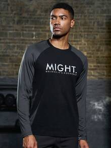 Men Letter Graphic Raglan Sleeve Sports Tee Workout Tops - Black - View 7