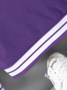 Tween Boy Letter Graphic Striped Trim Varsity Jacket Without Tee - Purple - View 8