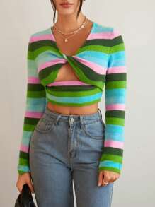 SHEIN Essnce 條紋圖案扭褶正面鏤空短款毛衣 - 彩色 - 查看 6