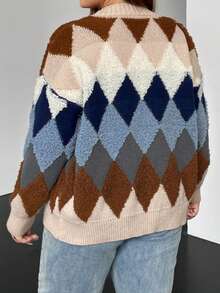 SHEIN EZwear 大碼菱形印花落肩袖開襟衫 - 彩色 - 查看 2