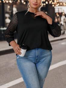 SHEIN LUNE Plus Contrast Lace Sleeve Top - Black - View 5
