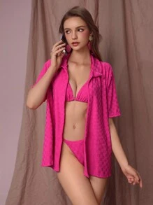 SHEIN Swim Summer Solid Halter Triangle Bikini Set With Kimono - Rose Red - View 1