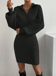 SHEIN Essnce Solid Batwing Sleeve Sweater Dress Without Belt - Black - View 4
