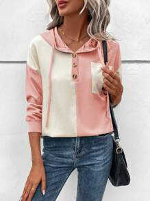 SHEIN LUNE Two Tone Half Button Drop Shoulder Drawstring Hooded Sweatshirt - Pink - View 1