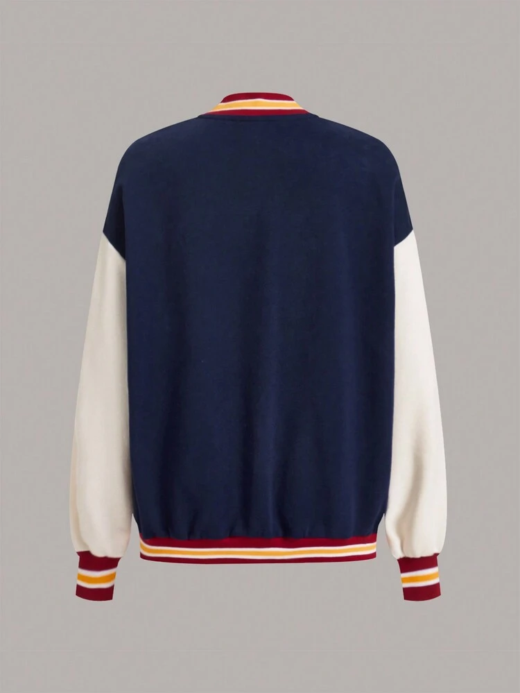 Letter Graphic Striped Trim Drop Shoulder Varsity Jacket