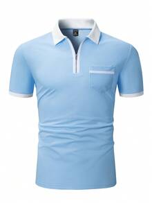 Manfinity Homme 男士大码拼接邊POLO衫 - 淺藍色 - 查看 4
