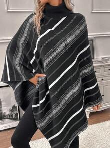 SHEIN LUNE Striped Pattern Turtleneck Batwing Sleeve Knit Poncho - Multicolor - View 4