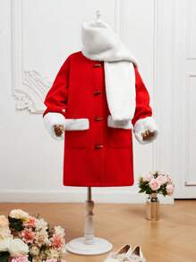 SHEIN Tween Girl Dual Pocket Button Front Overcoat & Scarf,In Fall/Winter - Red - View 1