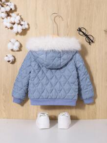 SHEIN Baby Girl Fuzzy Trim Hooded Quilted Jacket - Blue - View 2