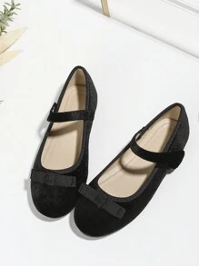 秋冬韓版女童百搭圓頭平底鞋黑色天鵝絨芭蕾舞鞋適合大童學生學校舞蹈表演
