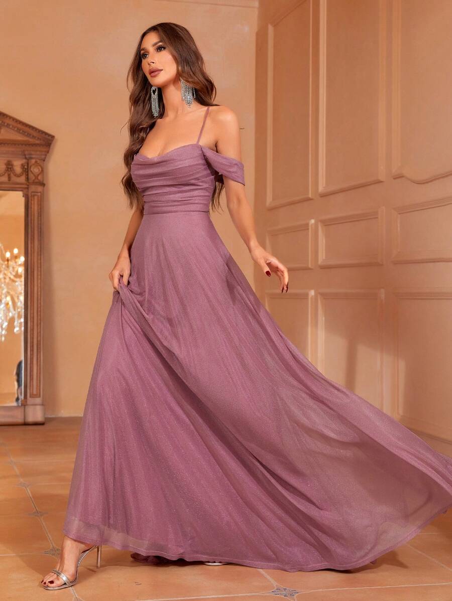 Faeriesty Women Elegant Elegant Cold Shoulder Bridesmaid Gown With Adjustable Rope-Tie Back & Flowing Wide Skirt | Luxury Formal Wear For Weddings, Galas, And Cannes Parties,Summer Holiday Outfits