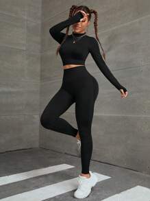 Seamless Thumbholes Top-stitching Sports Set - Light Grey - View 6