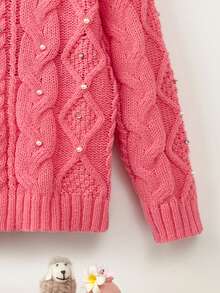SHEIN Tween Girl Pearls Beaded Cable Knit Drop Shoulder Sweater - Hot Pink - View 4