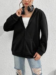 INAWLY Solva 纯色拉链落肩连帽衫，长袖上衣