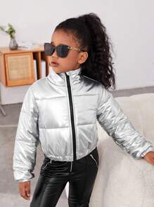 Teen Girl Zip Up Padded Coat - Silver - View 6