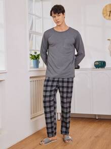 Men Plaid Print Pocket Patched PJ Set / Pajama Set - Dark Grey - View 7