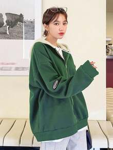 DAZY 落肩抽繩拉鍊保暖襯裡連帽衫 - 軍綠色 - 查看 6