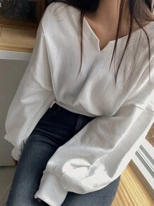 DAZY 纯色主教袖短款套头衫、长袖上衣、秋装运动衫 - 白色 - 查看 8