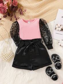 SHEIN 女嬰拼接波點網紗T恤&紙袋腰附腰帶短褲