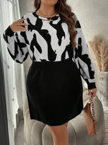 SHEIN Clasi Plus Graphic Pattern Drop Shoulder Sweater Dress - Black and White - View 5