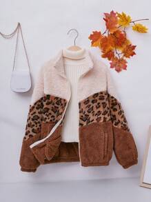 Tween Girl 1pc Leopard Pattern Colorblock Zip Up Teddy Jacket - Brown - View 1
