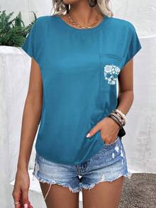 SHEIN LUNE Skull Print Batwing Sleeve Tee - Blue - View 3