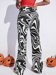 SHEIN EZwear Quần ống loe in họa tiết cạp cao - Đen và trắng - Xem 2
