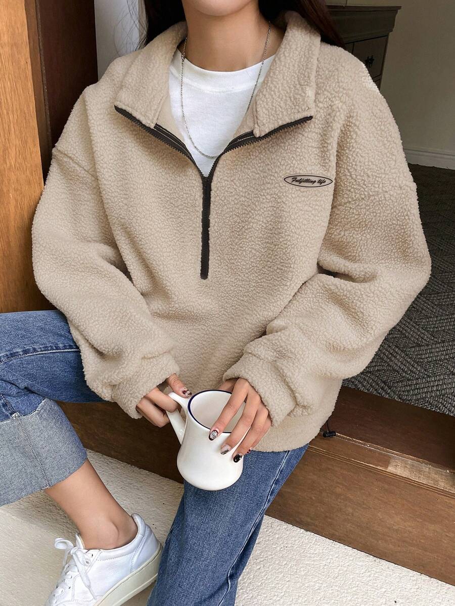 DAZY Letter Embroidery Half Zip Drop Shoulder Teddy Sweatshirt,Fall Women Clothes - Camel - View 1